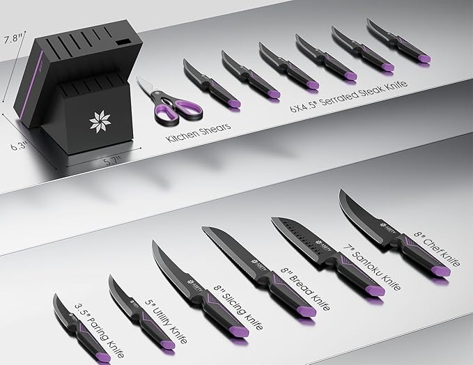 Knife Set - 15 PCS Kitchen Knife Set with Built-in Knife Sharpener Block - Stainless Steel Knife Block Set - Dishwasher Safe, Elegant Box for Men Women, Fathers day