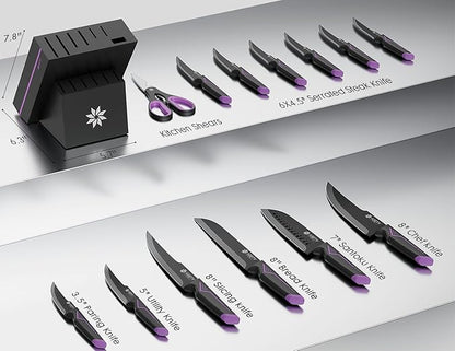 Knife Set - 15 PCS Kitchen Knife Set with Built-in Knife Sharpener Block - Stainless Steel Knife Block Set - Dishwasher Safe, Elegant Box for Men Women, Fathers day