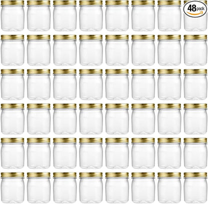 novelinks 8 oz Clear Plastic Jars with Airtight Lids, 48 Pack Plastic Mason Jars with Lids 8oz, Refillable Storage Slime Containers & Small Spice Jar for Kitchen Organization (48 Pack,Gold)