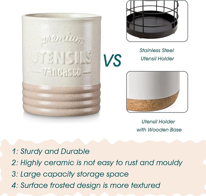 vancasso Sabine Ceramic Utensil Holder for Kitchen Counter, 7.2" Large Utensil Crock, Matte Cream Farmhouse Kitchen Utensil Holder, Countertop Organizer for Spoons, Spatulas and Cooking Tools