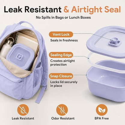 3 Pack Food Storage Containers with Easy-Open Vent Lids, Leak Resistant BPA-Free Meal Prep Containers, Microwave Freezer Dishwasher Safe, Stackable Food Containers,Purple,17oz 34oz 51oz