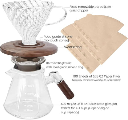 Lalord Pour Over Coffee Maker, 20 oz Borosilicate Glass Set with 100 pcs Paper Filter, Coffee Dripper with Walnut Collar, Coffee Pot with Glass Lid, 1-3 Cups, Clear, (600 ml)
