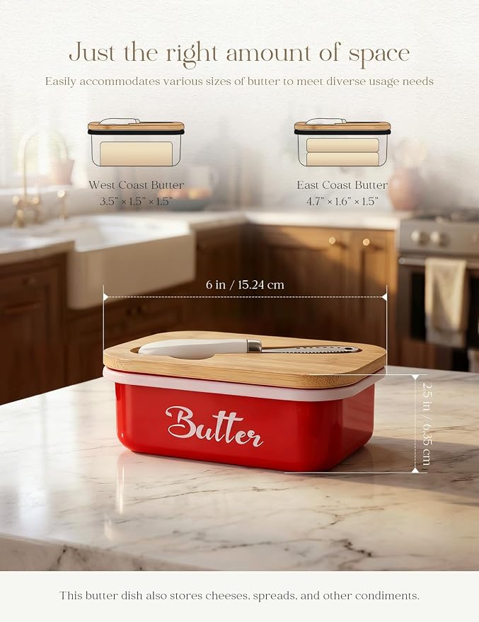 Butter Dish, Butter Dish with Lid for Countertop,Metal Butter Keeper with Stainless Steel Multipurpose Butter Knife, Large Butter Container with quality Silicone Good Kitchen Gift,Red