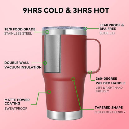 20 oz Stainless Steel Tumbler with Handle Bulk Metal Insulated Tumblers Travel Coffee Mug with Handle Double Wall Tumbler Cup with Lid and Straw, Wine Red 12 Pack
