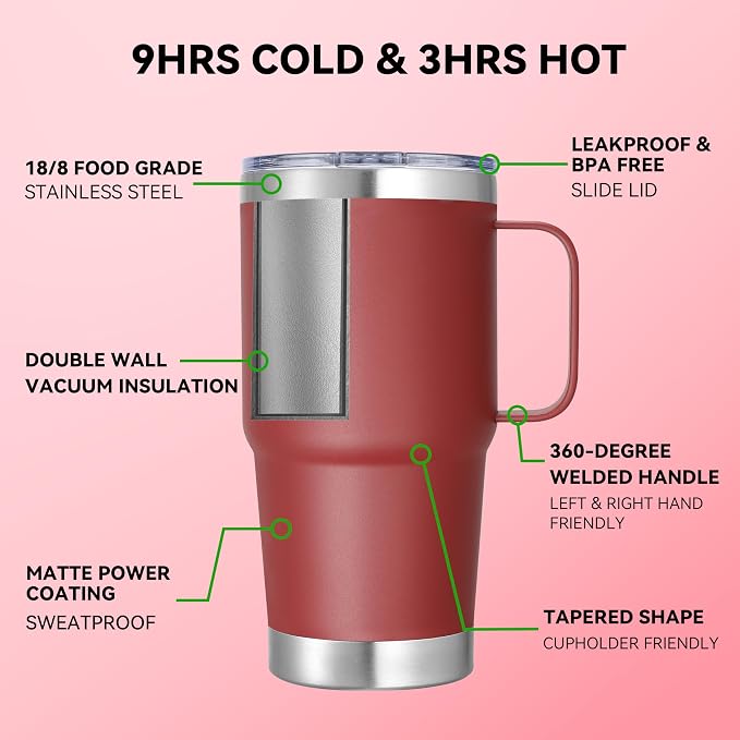 20 oz Stainless Steel Tumbler with Handle Metal Insulated Coffee Travel Mug with Handle Double Wall Tumbler Cup with Lid and Straw, Wine Red 1 Pack