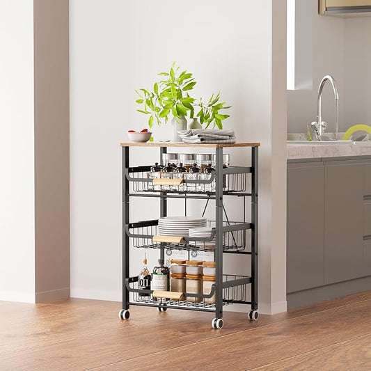 NiuYichee 4-Layer Fruit Basket Kitchen Food Organizer and Rack, Stackable Storage Cart with Desktop, Pull-Out Hollow Metal Basket, Sliding Out Storage (Black 4-Layer Rack)