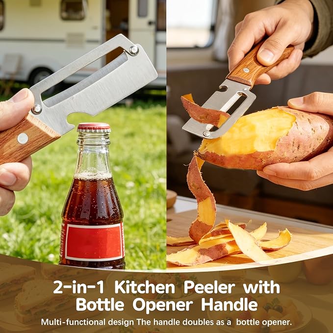 2 Pack 2-in-1 Vegetable Peeler with Bottle Opener - Stainless Steel Blade, Wooden Handle, Heavy Duty Peeler for Potato, Carrot, Pineapple, Pumpkin, Sugarcane(Left and Right Combo)