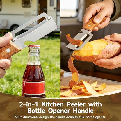 2 Pack 2-in-1 Vegetable Peeler with Bottle Opener - Stainless Steel Blade, Wooden Handle, Heavy Duty Peeler for Potato, Carrot, Pineapple, Pumpkin, Sugarcane(Left and Right Combo)