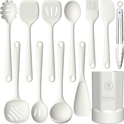 oannao Silicone Kitchen Utensils Set, 600°F Heat Resistant Silicone Cooking Utensils, Spatula, Spoon, Whisk, Tongs, Kitchen Gadgets for Nonstick Cookware, Dishwasher Safe BPA Free (Cream White)
