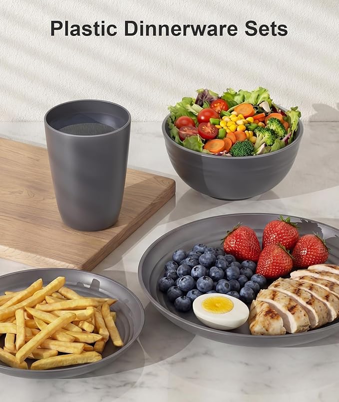Quatish 16 Piece Plates and Bowls Sets for 4, Unbreakable Dinnerware Sets, Plastic Dish Set for Camping, Dishwasher Microwave Safe, Outdoor Kitchen and Apartment Dinning RV Essentials, Grey