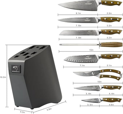 Kitchen Damascus Knife Set, 9-Piece Kitchen Knife Set with Block, Non-slip G10 Ergonomic Triple Rivet Handle for Chef Knives, Knife Sharpener and Kitchen Shears, Natural Wood Block (Brown/Grey)