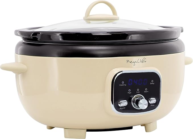 MegaChef 3.7 Quart Oval Electric Digital Slow Cooker with Black Stoneware Crock, Adjustable Timer & Temperature Control, Delay, High, Low & Warm Settings - Versatile Cooking Appliance (Cream)