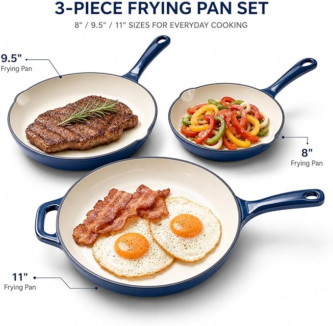 Hisencn Enameled Cast Iron Skillet Set - 3 Piece Ceramic Coated Fry Pan Set(8'',9.5'' 11''), PFAS/PTFE/PFOA Free, Oven & Induction Safe, Navy Blue Cookware for Gas/Electric Stovetop