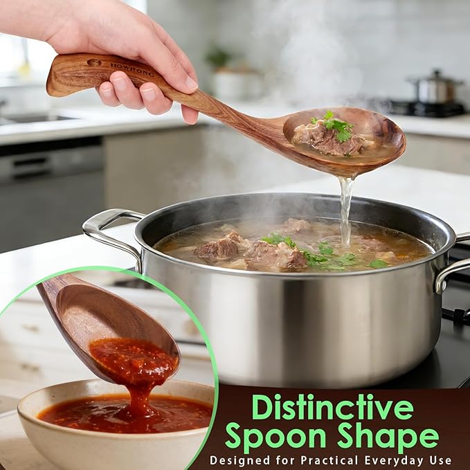HOWHONG Wooden Cooking Utensils Set, Acacia Wood Wooden Spoons for Cooking with Thumb Rest, Ergonomic Curved Handle, Smooth Finish, Nonstick Safe, Gift Ready