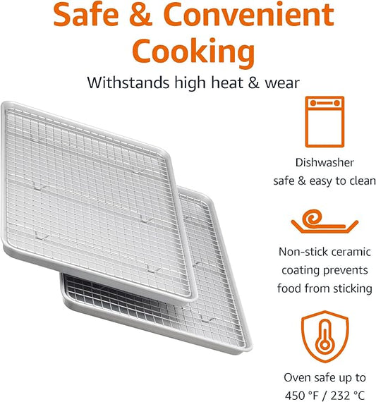 Amazon Basics Ceramic Nonstick Baking Sheets & Cooling Rack Set, Dishwasher Safe, Oven Safe, Half Sheet Size, Gray, 2-Pack