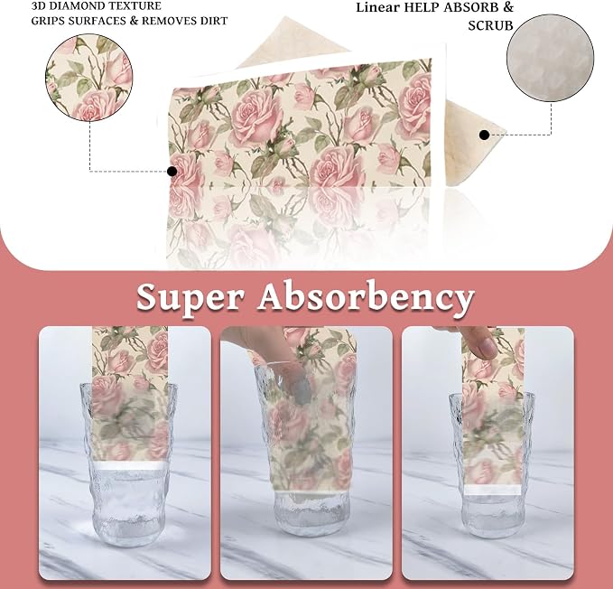 Reusable Swedish Dishcloths for Kitchen, 6 Pcs Vintage Floral Swedish Dish Cloths, Absorbent Pink Flower Sponge Cleaning Towels Wipes for Kitchen Cooking Home Decoration Housewarming Gifts