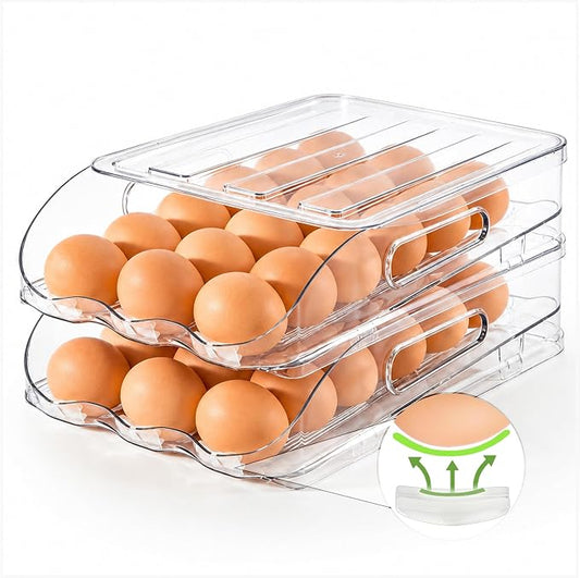 SMRCAD Egg Holder for Fridge, Automatic Steady Rolling Egg Dispenser with Silicone Bumpers & Handle for Refrigerator, Large Capacity Egg Organizer with Lid