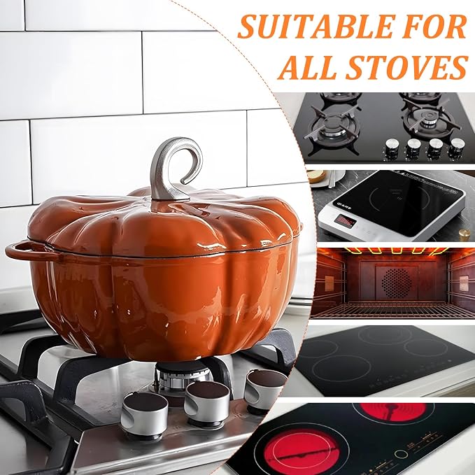 Pumpkin Cast Iron Dutch Oven, 4qt Pumpkin-Shaped Cocotte, Enamel Cast Iron Cooking Pot with Lid, Soup Pot - Serves 3-5, Christmas Thanksgiving Decor Gift, for Various Stoves