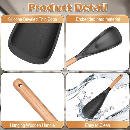 Cooking Spoon Set with Wooden Handle, Heat-Resistant Kitchen Utensils for Stirring, Mixing, Serving, Non-Stick Cookware (BLACK - 1Pack)