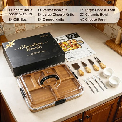 Renmxj Charcuterie Boards with Lid Gift Set, 2 in 1 Travel Portable Cheese Board with Knives Set, Natural Bamboo Charcuterie Tray, Housewarming Gifts New Home, Picnic, Wedding Gifts, Black Handle