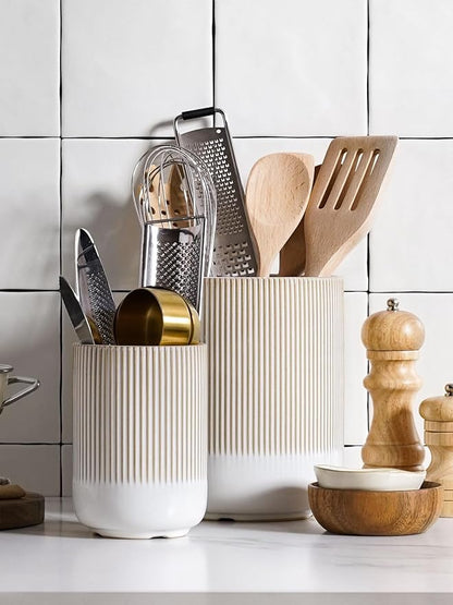 LE TAUCI Utensil Holder for Kitchen Counter, 7.3"+5.4" Fluted Ceramic Utensil Crock Organizer for Countertop, Heavy Large Holder for Spatulas, Spoons, Set of 2, Warm White Glaze