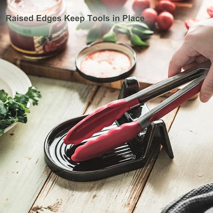 Ceramic Spoon Rest for Countertop Heat-Resistant Spoon Rest with Slot Easy for Tong and Spoon Kitchen Gadgets & Kitchen Utensils Holder, Black with White Splash