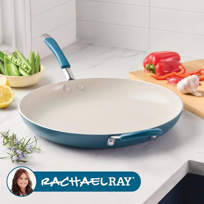 Rachael Ray Cucina Ceramic Nonstick Frying Pan/Skillet, Dishwasher Safe, 14 Inch Open Fry Pan - Marine Blue