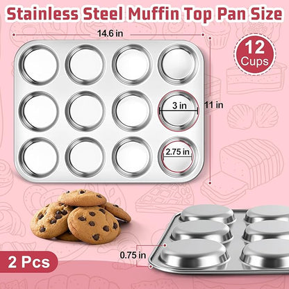 E-far Muffin Top Pan, 12-Cavity Stainless Steel Shallow Cupcake Pan for Yorkshire Pudding, Eggs, Whoopie Pie, Cornbread, Non-toxic & Dishwasher Safe - 2 Pcs