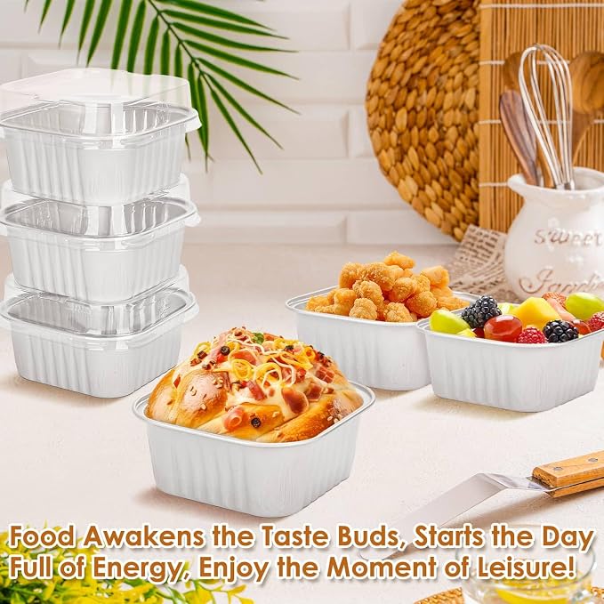 selizo 60 Pack 5oz Mini Square Disposable Cake Pans with Lids, Aluminum Foil Baking Cups, Individual Cake Containers with Lids for Parties and Gatherings