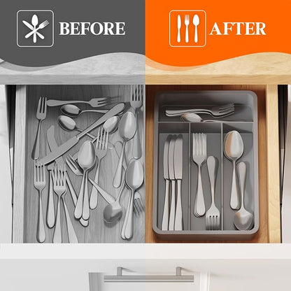 Lifewit Silverware Drawer Organizer Tray, Plastic Cutlery Storage for Kitchen, Flatware and Utensil Holder Divider for Spoons Forks Knives Tableware, 7.8 x 12.4", 4 Slots, Gray