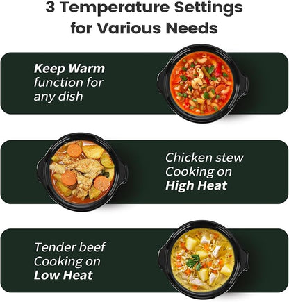 KOOC Small Slow Cooker, 2-Quart, Free Liners Included for Easy Clean-up, Upgraded Ceramic Pot, Adjustable Temp, Nutrient Loss Reduction, Stainless Steel, Black, Round…