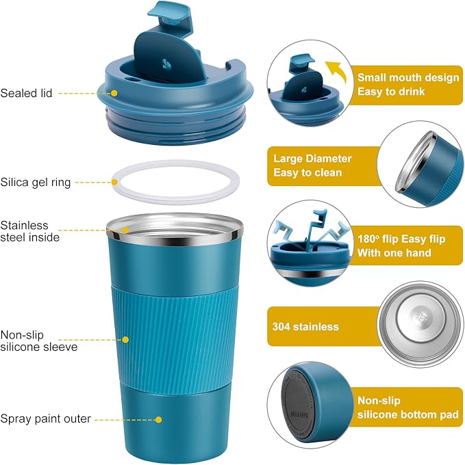 YINJAM 17oz Travel Coffee Mug Insulated Coffee Cups to Go with Leakproof Lid Vacuum Stainless Steel Double Walled Thermal Car Coffee Tumbler for Hot Cold Ice Tea Drinks Reusable (Blue, 17oz)