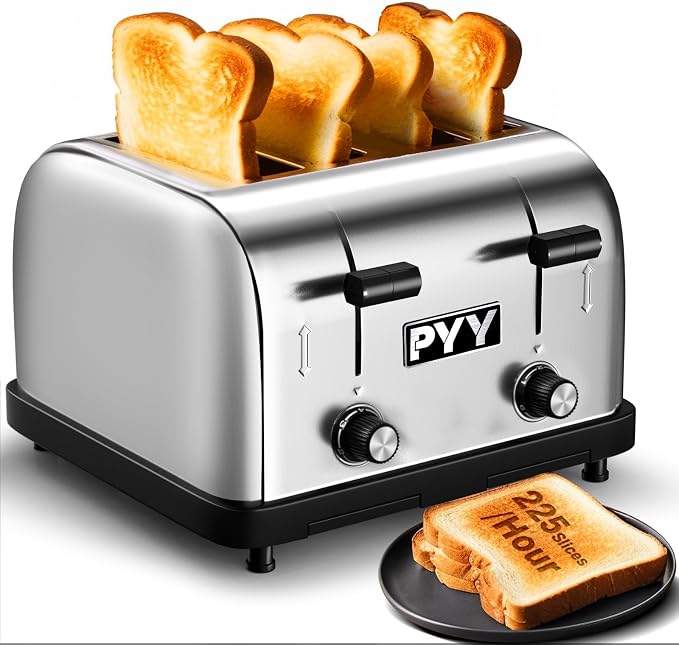 PYY Professional Commercial 4 Slice Toaster - 1800W Stainless Steel Heavy Duty Toaster, 6 Browning Levels, 1.57" Wide Slots, Removable Crumb Tray for Bagels Bread Waffles (Commercial & Home Use)