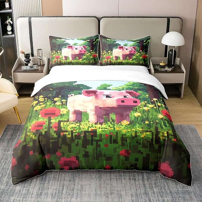 Full Size Duvet Cover Set Pink Pig Comforter Cover Set 100% Pure Cotton Pixelated Style Floral Duvet Cover Set (No Filler) Cartoon Animals Bedding Set 3 Pcs