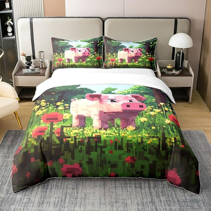 Full Size Duvet Cover Set Pink Pig Comforter Cover Set 100% Pure Cotton Pixelated Style Floral Duvet Cover Set (No Filler) Cartoon Animals Bedding Set 3 Pcs