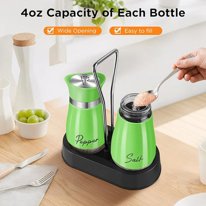 Salt and Pepper Shakers Set, 4 oz Stainless Steel Salt Shaker, Farmhouse Salt Pepper Shaker Containers with Glass Bottom for Kitchen Gadgets Cooking Table, BBQ, Bar, RV, Camp (Green)