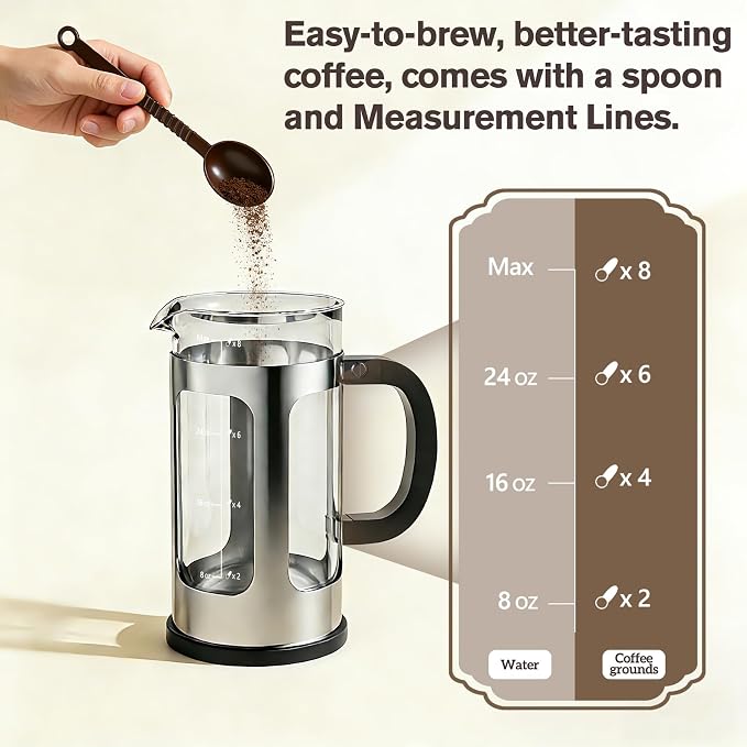 French Press Coffee Maker 34oz, Heat Resistant Thickened Glass Stainless Steel Brewer, No Plastic Touching Cafe, 4-Level Filtration, Cold Brew Cafe/Tea Pot for Kitchen Camping Travel, Gifts, Bar