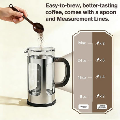 French Press Coffee Maker 34oz, Heat Resistant Thickened Glass Stainless Steel Brewer, No Plastic Touching Cafe, 4-Level Filtration, Cold Brew Cafe/Tea Pot for Kitchen Camping Travel, Gifts, Bar