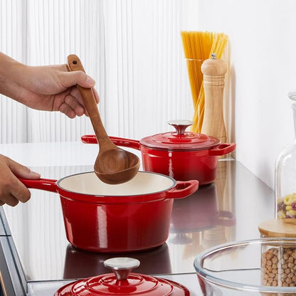 Enameled Cast Iron Sauce Pan, Leonyo 1 Qt & 2 Qt Saucepan Set, Cast Iron Dutch Oven Kitchen Small Pots for All Cooktops Cooking Pasta, Milk, Oatmeal - Up to 500°F & Nonstick, Red