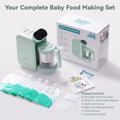 Chefhandy Baby Food Maker with Stainless Steel Steam Basket | 5-in-1 Baby Food Processor, Steamer & Blender for Homemade Baby Food, BPA-Free, 6 Reusable Pouches, Ideal for Newborns & Infants, Green