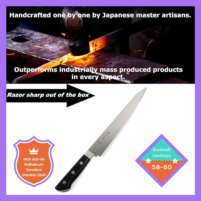 Japanese Sujihiki Knife INOX AUS-8A Stainless Steel Black Pakkawood Handle, Slicer 9.5-inch (240mm)