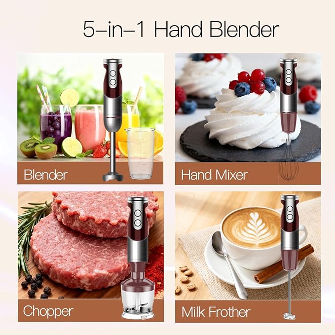 MegaWise Pro Titanium Reinforced 5-in-1 Immersion Hand Blender, Powerful Motor with 80% Sharper Blades, 12-Speed Corded Blender, Including 500ml Chopper, 600ml Beaker, Whisk and Milk Frother (Red)