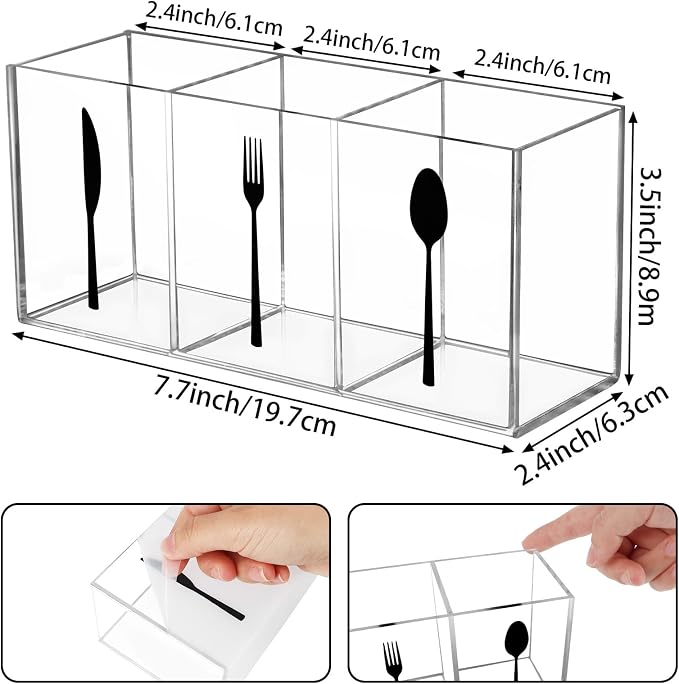Hxezoc Clear Acrylic Cutlery Storage Organizer, Transparent Silverware Caddy 3 Section Tableware Plastic Holder for Kitchen Indoor Outdoor Decoration Supplies