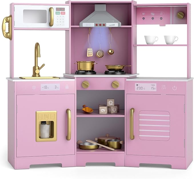 Costzon Corner Kids Kitchen Playset, Wooden Toy Kitchen Set w/Lights & Sounds Range Hood, Ice Maker, Pretend Telephone, Sink, Faucet, Microwave, Oven, Play Kitchen for Kids 3+ (Pink+Golden)