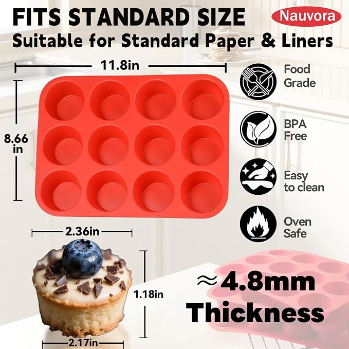 Silicone Muffin Tray - 12 Cups Cupcake Pan, NonStick Flexible Silicone Muffin Cups for Blueberry Muffin, Chocolate Cupcake, Egg Bite, BPA Free, Dia 2.36 Inches 4.5mm Thickness, 2 Pack