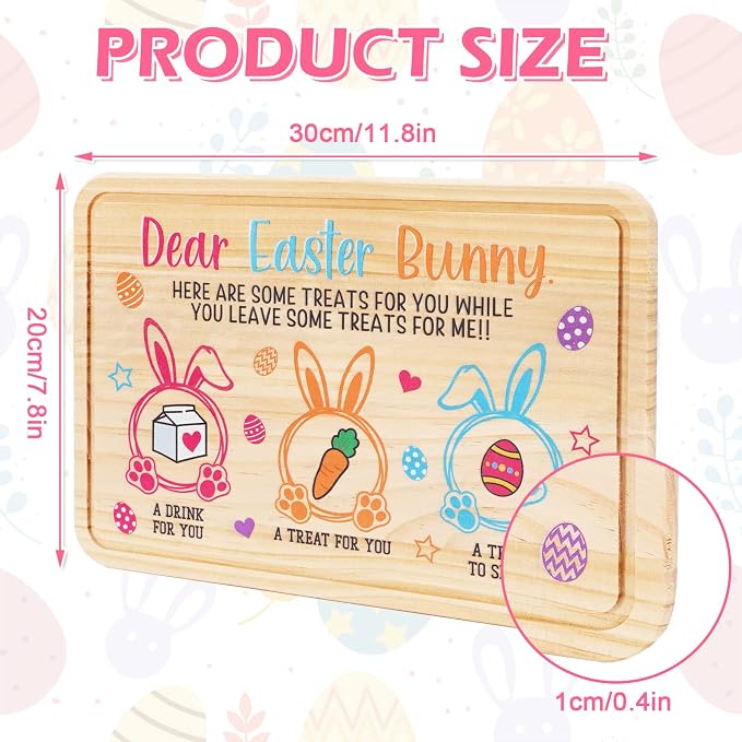 Whaline Easter Wooden Cookie Tray Dear Easter Bunny Cookie Plate Egg Carrot Drink Wooden Treat Plate Rectangle Easter Tray Bundle for Gifts Decoration Supplies, 11.8x7.8 Inch