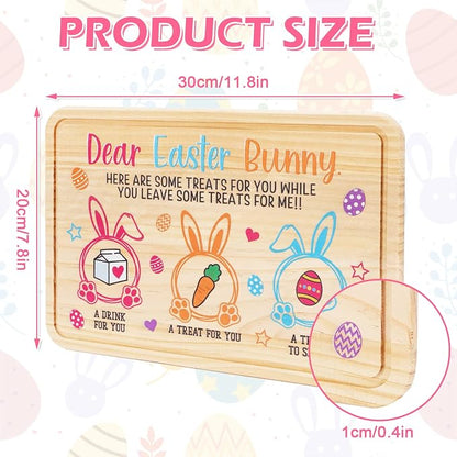 Whaline Easter Wooden Cookie Tray Dear Easter Bunny Cookie Plate Egg Carrot Drink Wooden Treat Plate Rectangle Easter Tray Bundle for Gifts Decoration Supplies, 11.8x7.8 Inch