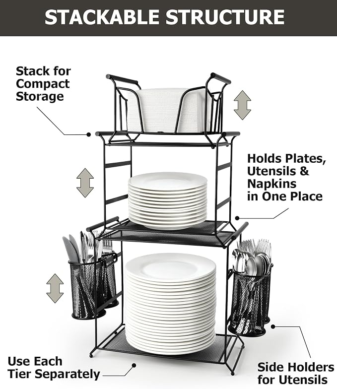 HULISEN 3-Tier Buffet Caddy, 7-Piece Set Stackable Paper Plate and Utensil Holder for Party, Detachable Mesh Silverware Organizer for Countertop, Metal Serving Station for Hosting Party Essentials