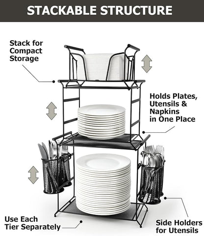 HULISEN 3-Tier Buffet Caddy, 7-Piece Set Stackable Paper Plate and Utensil Holder for Party, Detachable Mesh Silverware Organizer for Countertop, Metal Serving Station for Hosting Party Essentials