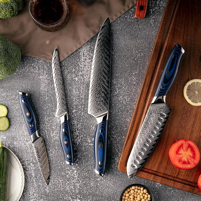 Seido Knives 4-Piece Kanpeki VG10 Damascus Steel Knife Set - Professional Chef Knife Set with Blue Handle - Includes Chef Knife